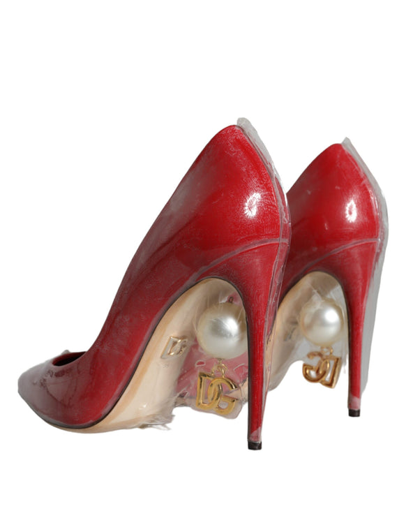 Red Patent Leather Faux Pearl Heels Pumps Shoes