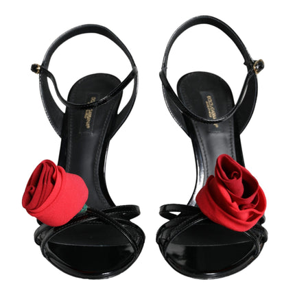 Black Leather Rose Ankle Strap Keira Sandals Shoes