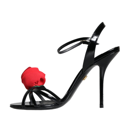 Black Leather Rose Ankle Strap Keira Sandals Shoes