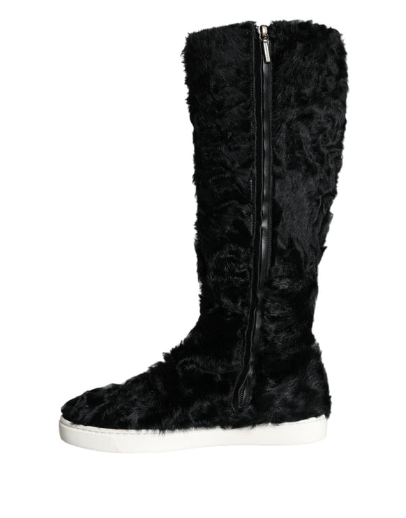 Black Xiangao Lamb Fur Leather Boots Shoes