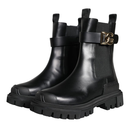 Black Leather Combat Mid Calf Boots Shoes