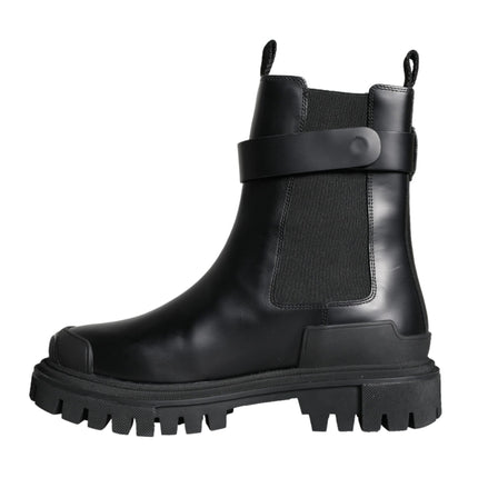 Black Leather Combat Mid Calf Boots Shoes