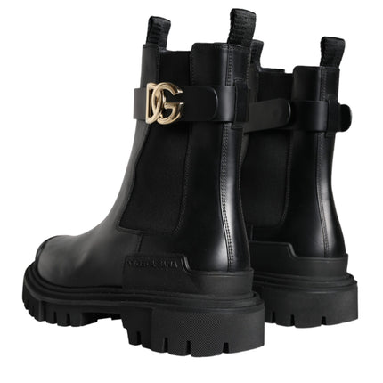 Black Leather Combat Mid Calf Boots Shoes