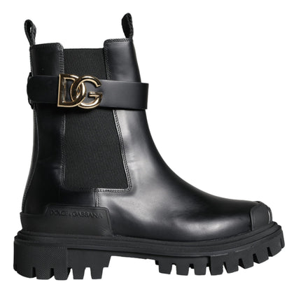 Black Leather Combat Mid Calf Boots Shoes