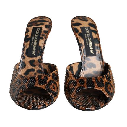 Brown Leopard Leather Slides Heels Sandals Shoes