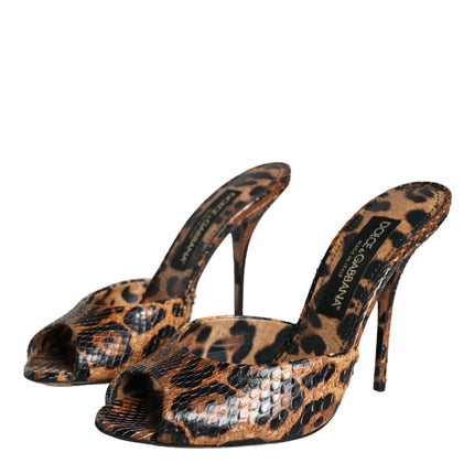 Brown Leopard Leather Slides Heels Sandals Shoes