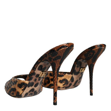 Brown Leopard Leather Slides Heels Sandals Shoes