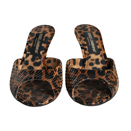 Brown Leopard Leather Slides Heels Sandals Shoes