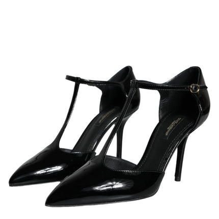 Black Leather T-strap Stiletto High Heels Shoes