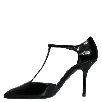 Black Leather T-strap Stiletto High Heels Shoes