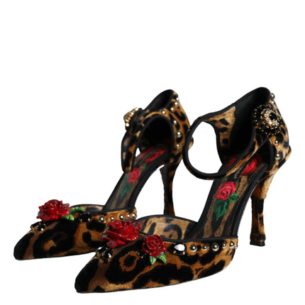 Brown Leopard Floral Crystal Ankle Strap Pumps Shoes