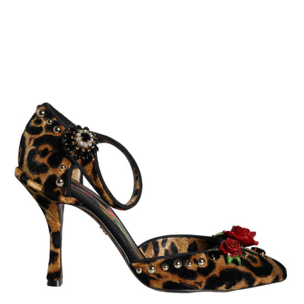 Brown Leopard Floral Crystal Ankle Strap Pumps Shoes