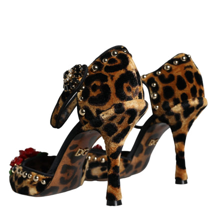 Brown Leopard Floral Crystal Ankle Strap Pumps Shoes