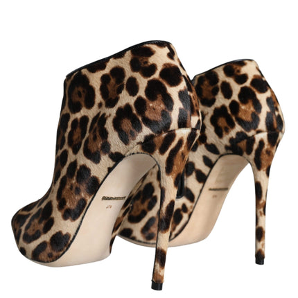 Brown Leopard Calf Fur Heels Ankle Boots Shoes