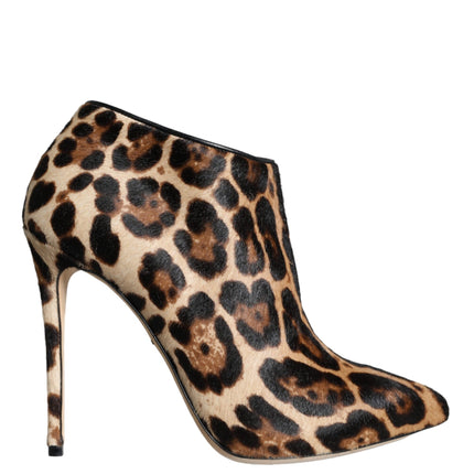 Brown Leopard Calf Fur Heels Ankle Boots Shoes