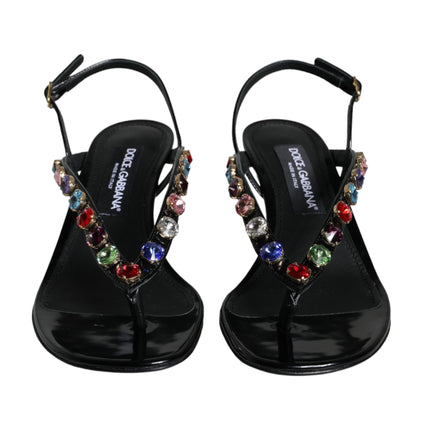 Black Leather Crystal Slingback Sandals Shoes