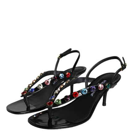 Black Leather Crystal Slingback Sandals Shoes