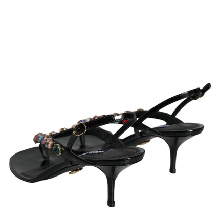 Black Leather Crystal Slingback Sandals Shoes