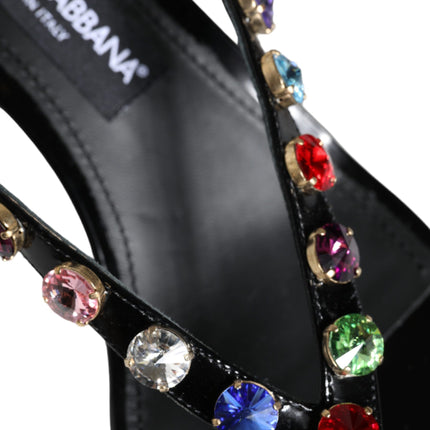 Black Leather Crystal Slingback Sandals Shoes