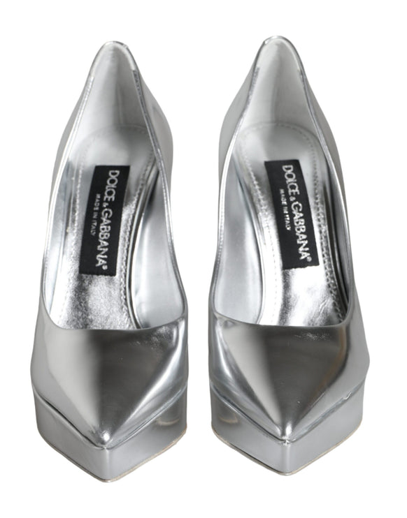 Silver Leather Platform Heels Pumps Shoes