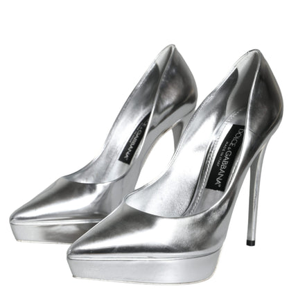 Silver Leather Platform Heels Pumps Shoes