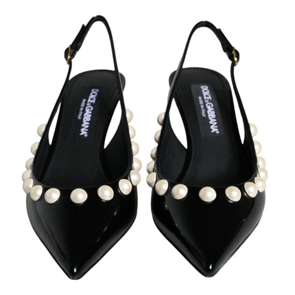 Black Leather Faux Pearl Heel Slingback Shoes