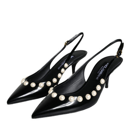 Black Leather Faux Pearl Heel Slingback Shoes