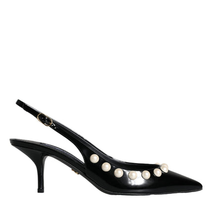 Black Leather Faux Pearl Heel Slingback Shoes