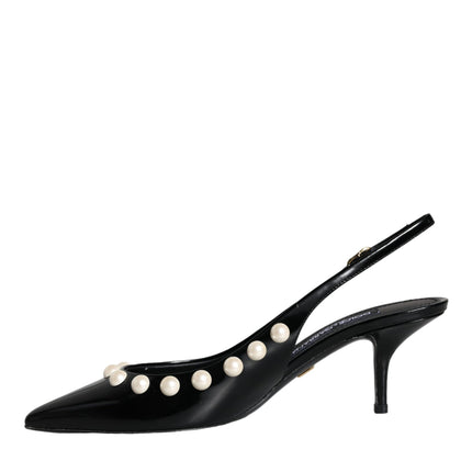 Black Leather Faux Pearl Heel Slingback Shoes