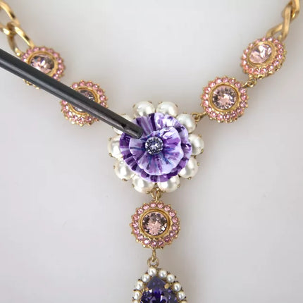 Gold Brass Crystal Purple Pink Pearl Pendants Necklace