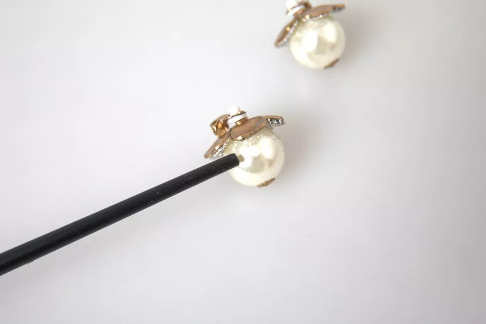 Gold Tone Maxi Faux Pearl Floral Clip-on Jewelry Earrings