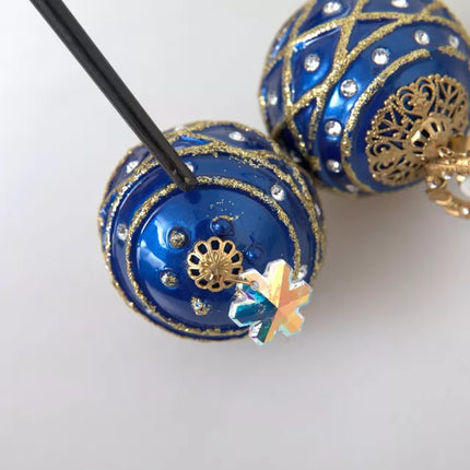 Gold Brass Blue Dangle Christmas Ball Crystal Clip On Earrings