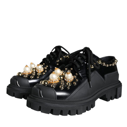 Black Leather Trekking Derby Embellished Shoes