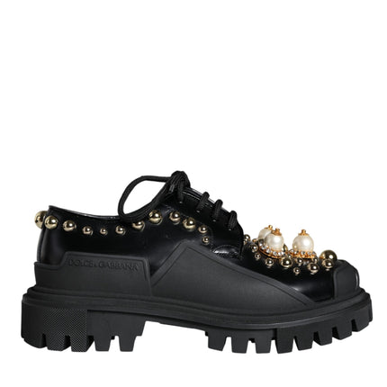 Black Leather Trekking Derby Embellished Shoes