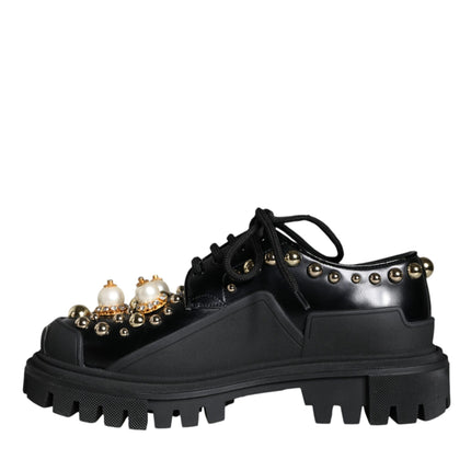 Black Leather Trekking Derby Embellished Shoes