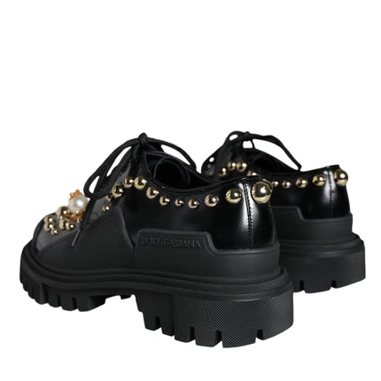 Black Leather Trekking Derby Embellished Shoes