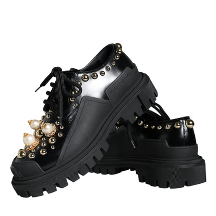 Black Leather Trekking Derby Embellished Shoes