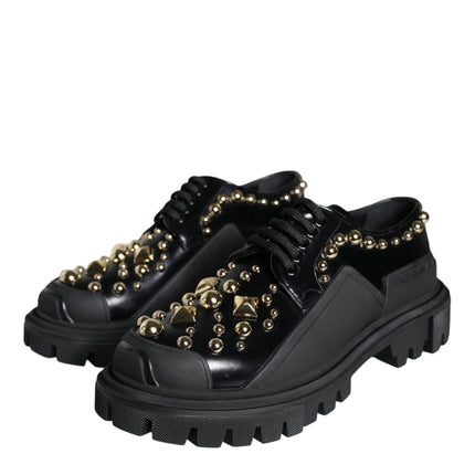 Black Leather Trekking Derby Embellished Shoes