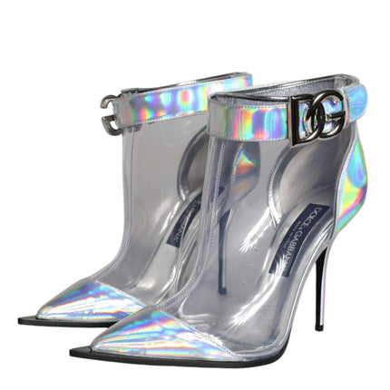 Silver Iridescent PVC Pointed Short Boots Shoes