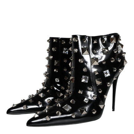 Black Leather Studs Crystal Ankle Boots Shoes