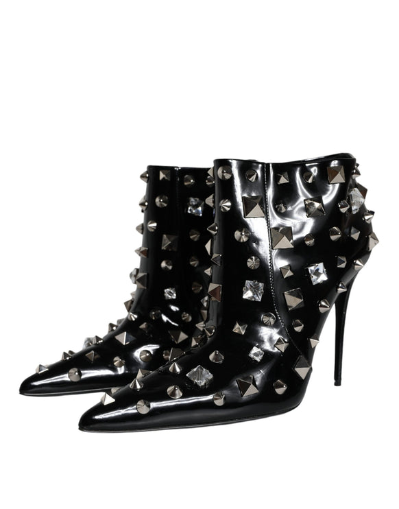 Black Leather Studs Crystal Ankle Boots Shoes