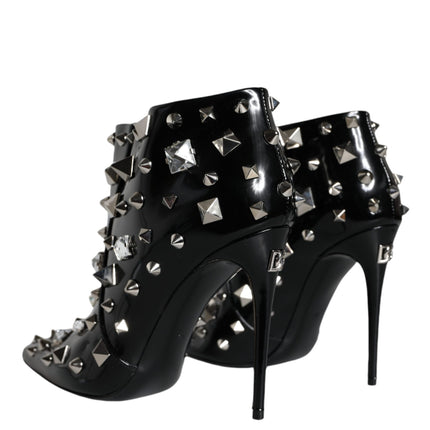 Black Leather Studs Crystal Ankle Boots Shoes