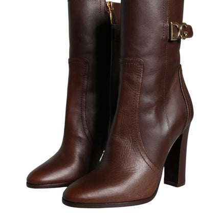 Brown Leather Heels Mid Calf Boots Shoes