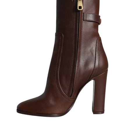 Brown Leather Heels Mid Calf Boots Shoes