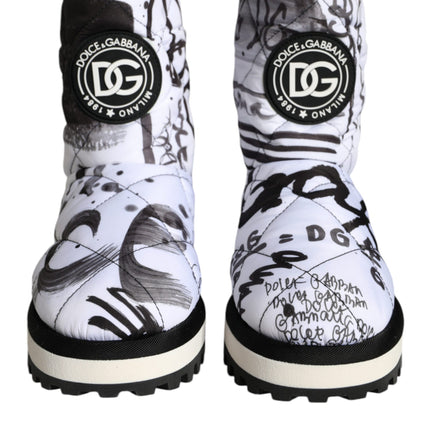 White Padded Logo Print Mid Calf Boots Shoes