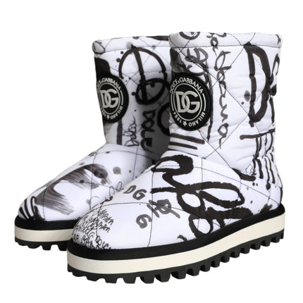 White Padded Logo Print Mid Calf Boots Shoes