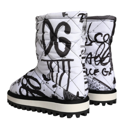 White Padded Logo Print Mid Calf Boots Shoes