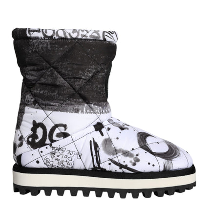 White Padded Logo Print Mid Calf Boots Shoes