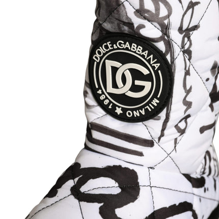 White Padded Logo Print Mid Calf Boots Shoes