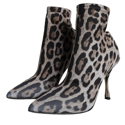 Gray Leopard Stretch Heels Ankle Boots Shoes